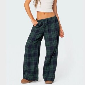 NWT Edikted Green & Navy Plaid Wide-Leg Pants